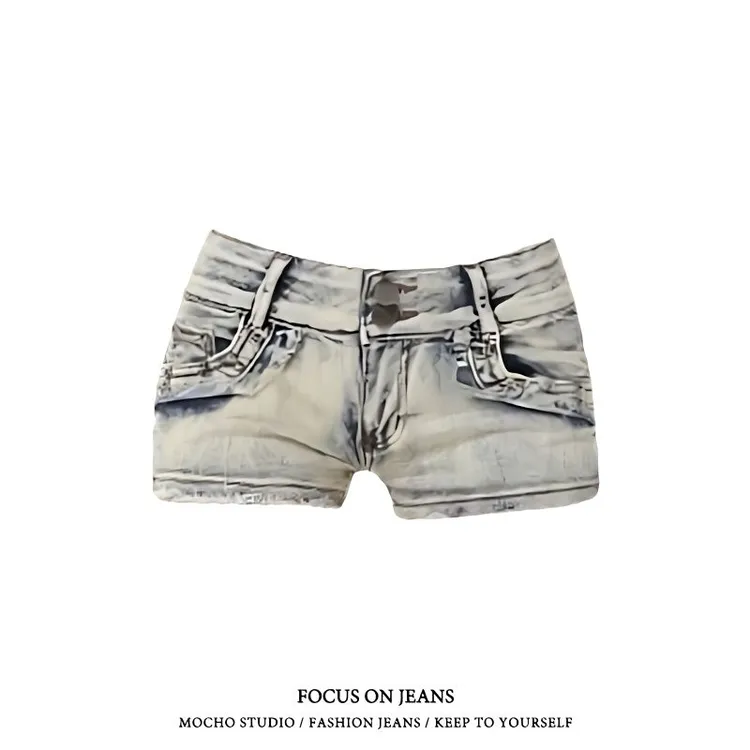 美式复古高街直筒做旧牛仔裤高腰显瘦紧身短裤大码辣妹包臀热裤女