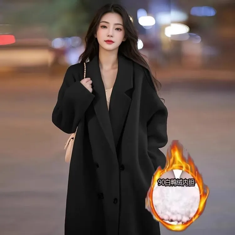 羽绒呢子大衣秋冬高级感2024新款韩版中长小个子宽松毛呢外套