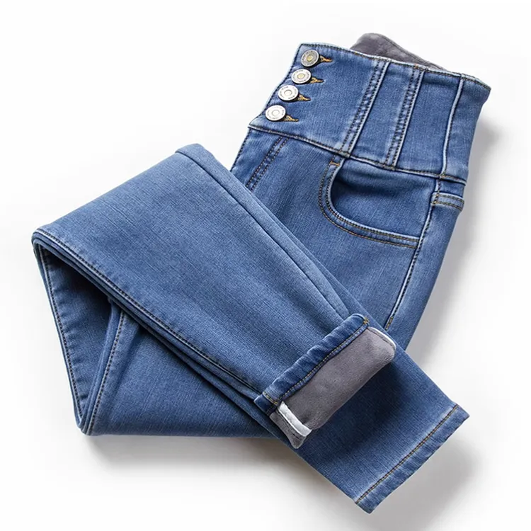 加厚绒高腰小脚裤女弹力加绒冬季浅蓝色外穿一体绒修身显瘦牛仔裤