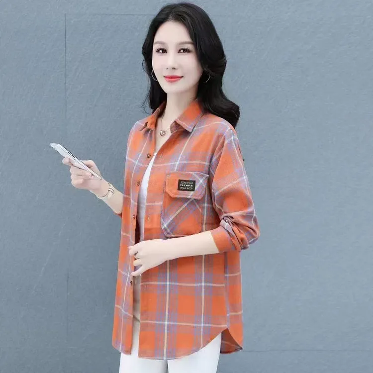 春秋款女士时尚衬衫开衫薄外套新款长袖洋气格子衬衫外穿百搭衬衣