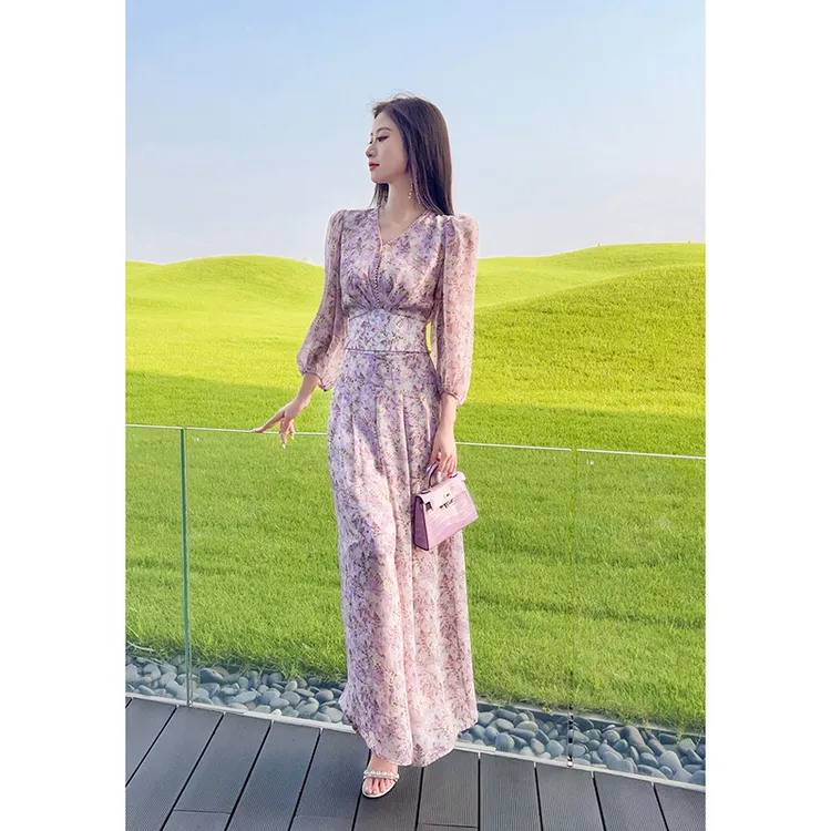 格润雅2025秋季新款仙气垂感气质上衣度假粉色碎花阔腿裤两件套