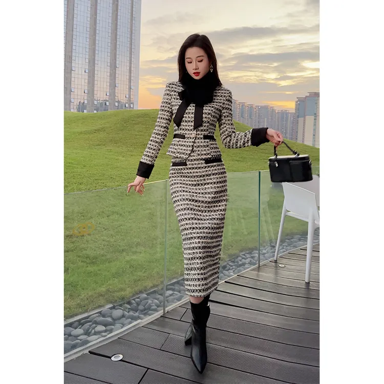 格润雅【华伦香风】气质拼色新款时尚粗花呢小众设计感名媛风女装