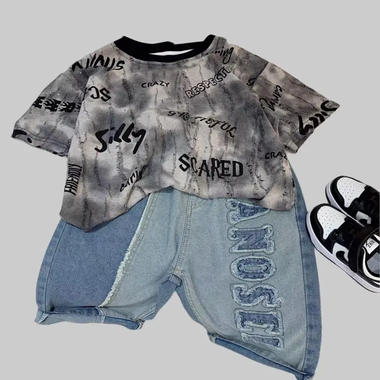 夏季新款儿童时尚百搭宽松韩版潮流套装七分软牛仔裤扎染假破短袖