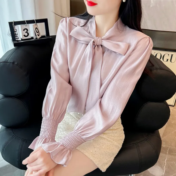 2024秋装系带蝴蝶结长袖衬衫女士洋气甜美百搭衬衣喇叭袖减龄上衣