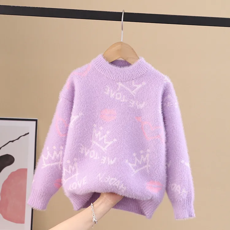 儿童水貂绒加厚女童毛衣套头针织衫小女孩秋冬新款洋气长袖打底衫