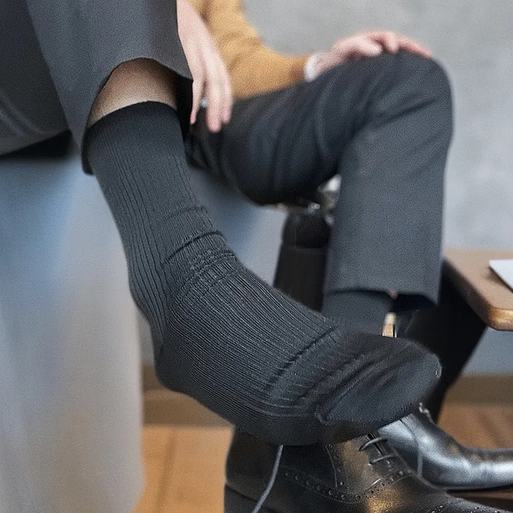 凹凸先生男袜小中筒条纹春夏男士商务袜透气舒适黑色打底袜速干袜