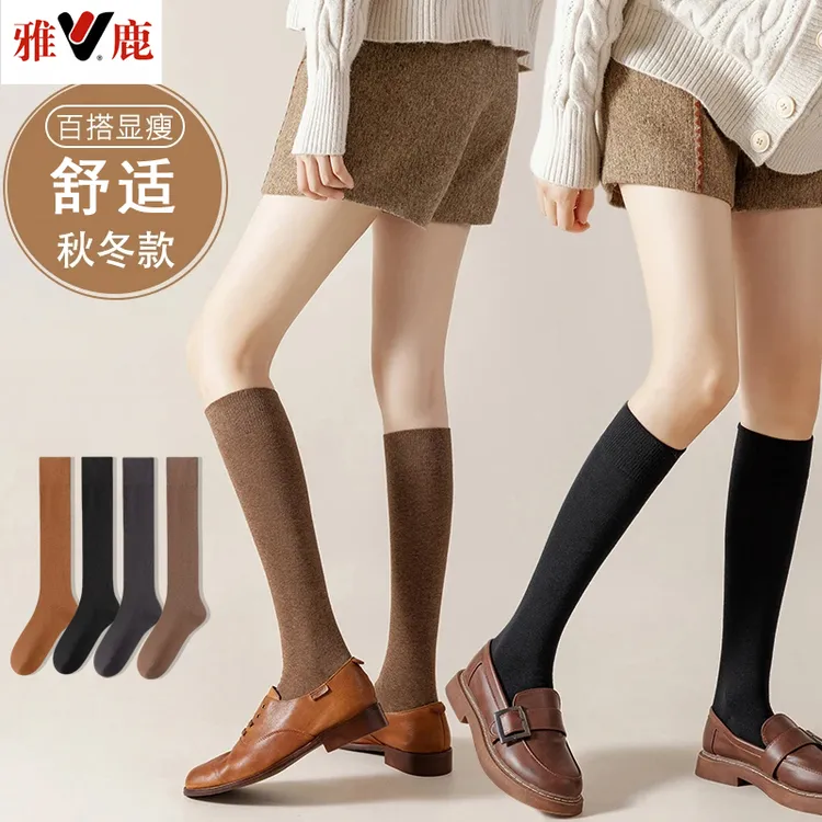 V/雅鹿小腿袜子女秋冬款百搭显瘦日系ins黑色女士长筒袜高筒长袜