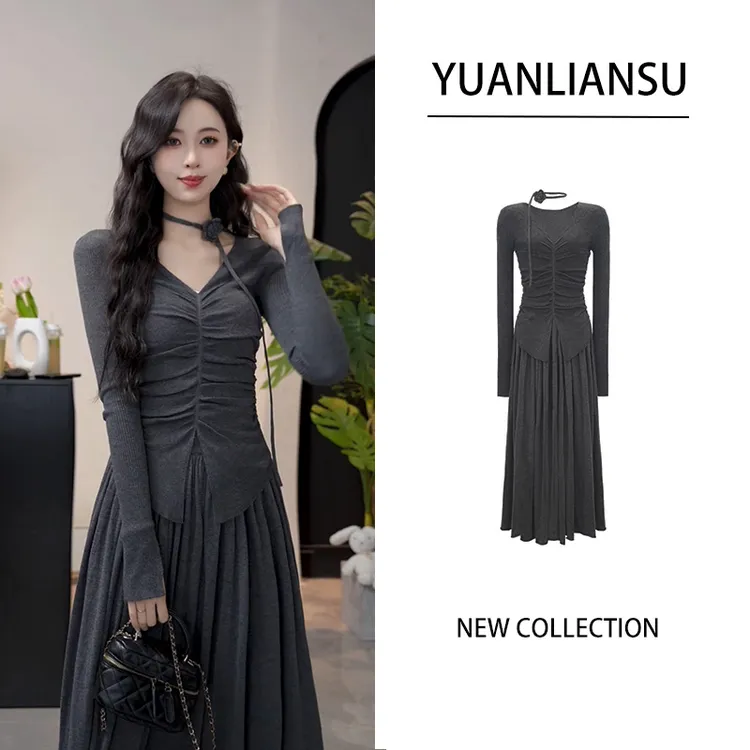 【浅墨时光】秋季新款V领软糯上衣+半身裙两件套