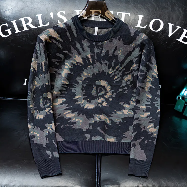 欧货秋冬季个性休闲潮流百搭提花针织衫青年男士圆领套头毛衣长袖