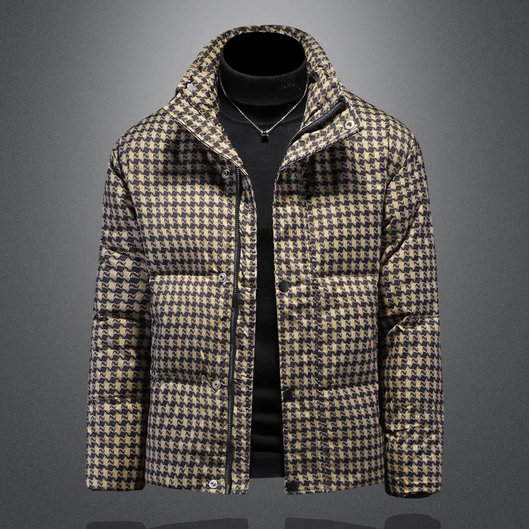 冬季新款潮牌立领千鸟格羽绒服男士潮流保暖休闲加厚时尚青年外套