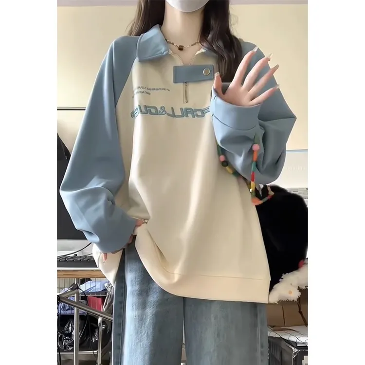 春秋季长袖卫衣女生胖妹妹加肥宽松polo领刺绣半拉链特大码300斤