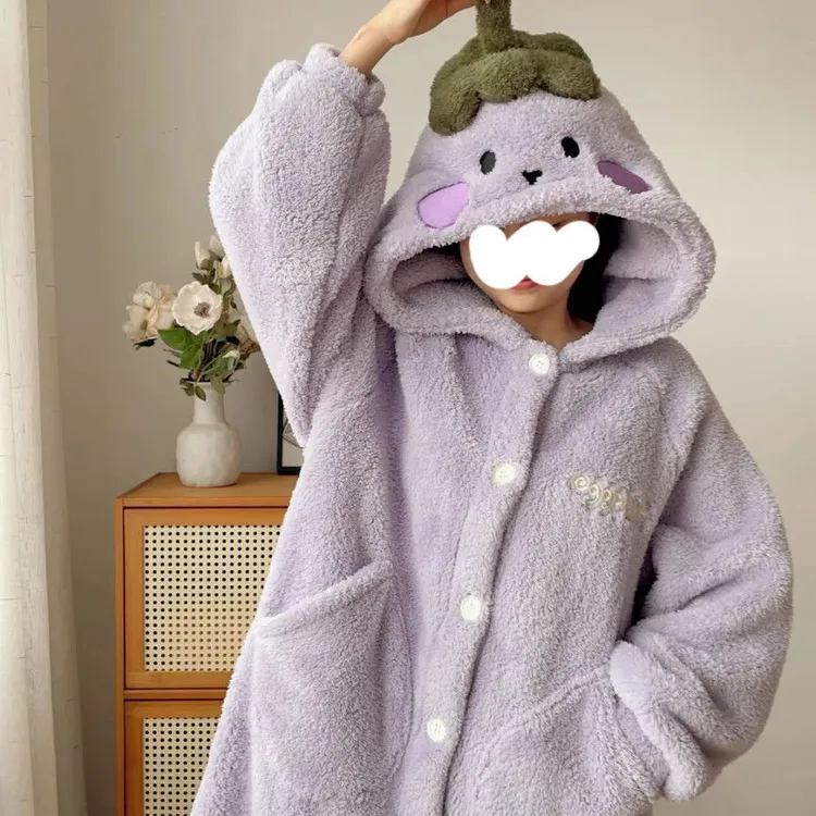 韩版可爱茄子珊瑚绒睡衣女款秋冬2025加厚保暖连帽睡袍家居服套装