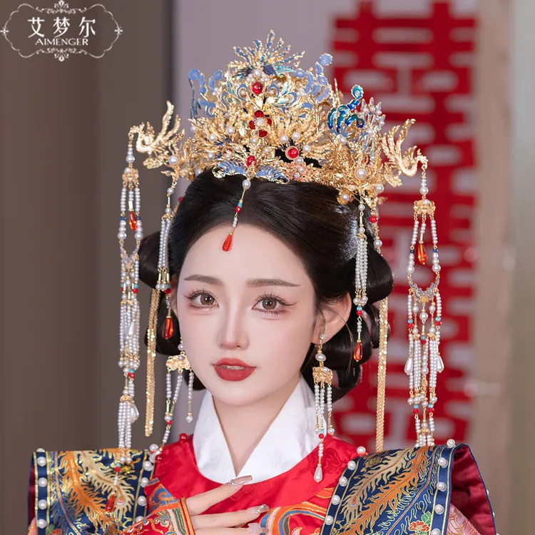 SE1039新娘凤冠金色烧蓝工艺大气中式晚宴仪式皇冠凤冠霞帔婚饰