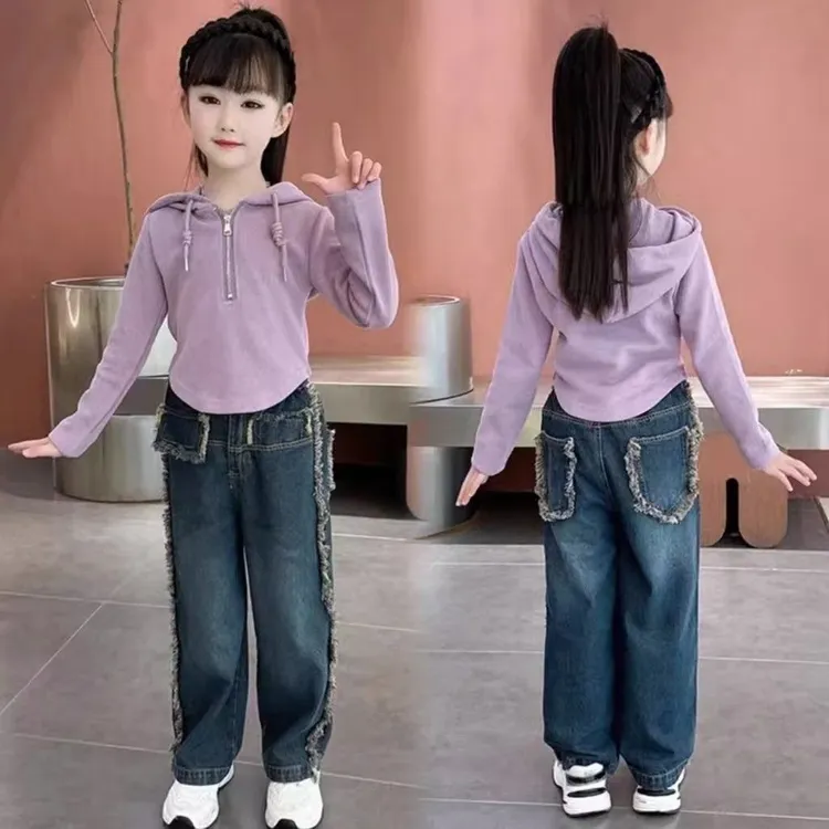 女童春秋季洋气套装2025新款中大童卫衣连帽衫儿童牛仔裤两件套