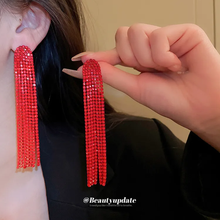 合金耳饰 1026大红色银针长款流苏耳环高级感轻奢耳钉超闪耳饰