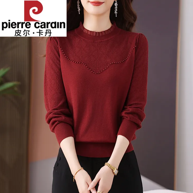 皮尔卡丹设计感小众钉珠小个子半高领毛衣女秋冬新款打底衫蕾丝花