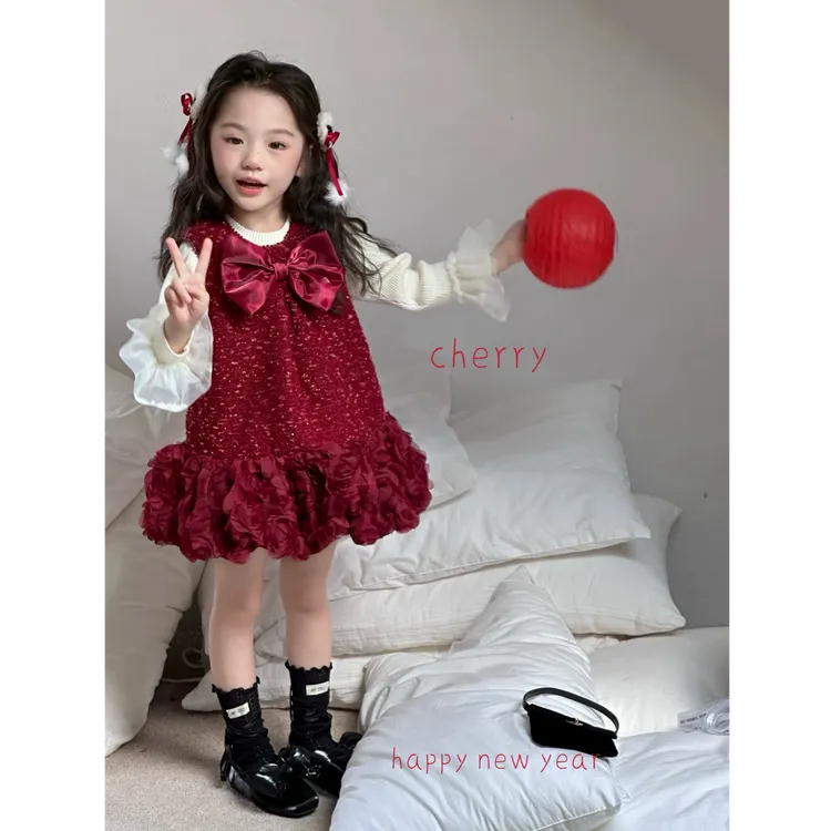 女童连衣裙套装2025加绒冬款新年服红色国风旗袍玫瑰花边背心裙子