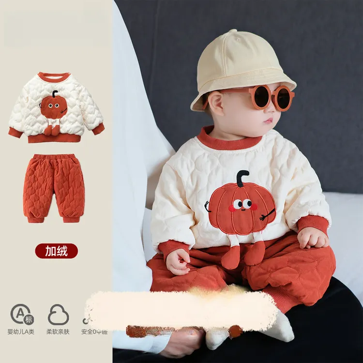 儿童加绒套装新款保暖可爱婴儿衣服夹棉冬装宝宝加厚棉服两件套潮