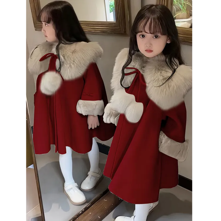 女童外套儿童加绒中国风加厚年服女宝宝毛呢过年服红色大衣拜年服