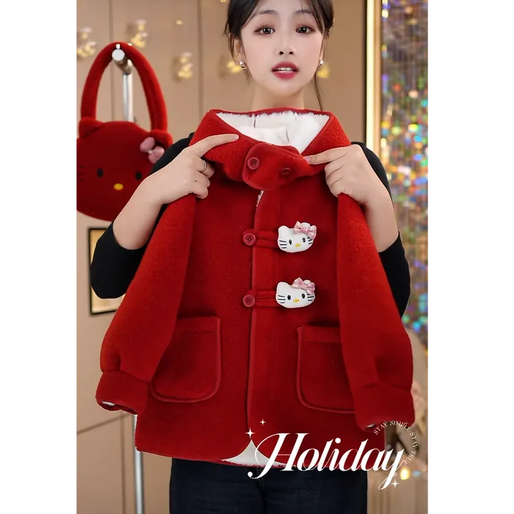 女童加绒外套冬装2024新款宝宝洋气加厚连帽中长款呢子大衣新年服