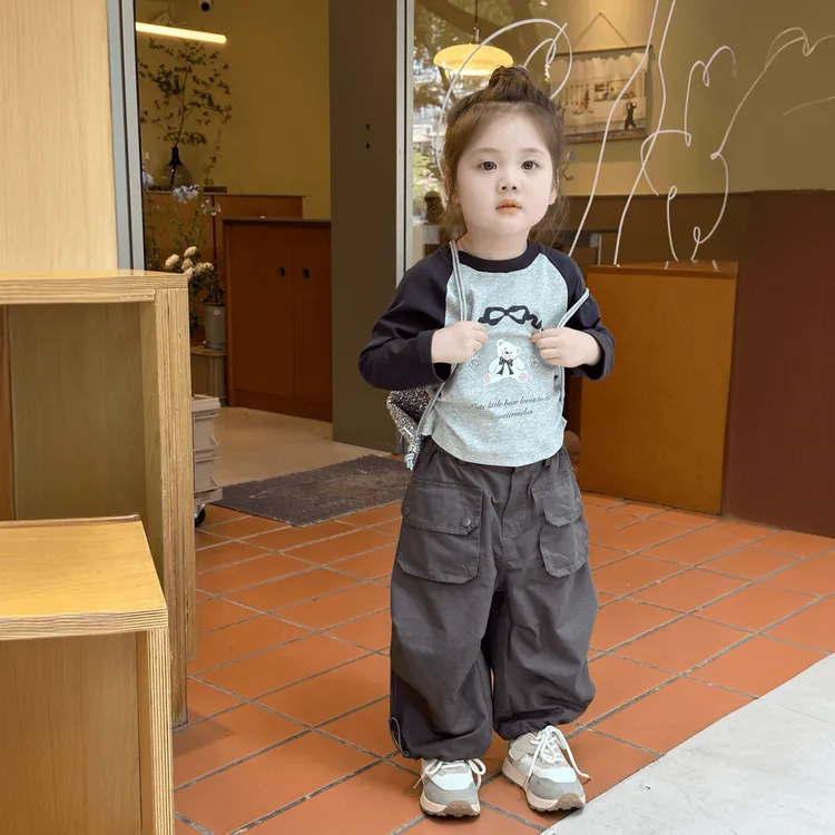 女童套装2025秋季新款宝宝长袖打底衫蝴蝶结工装裤两件套韩版春秋