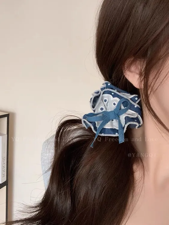 深牛仔蓝蝴蝶结大肠发圈高弹力后脑勺高级感盘发扎发头绳发绳发饰