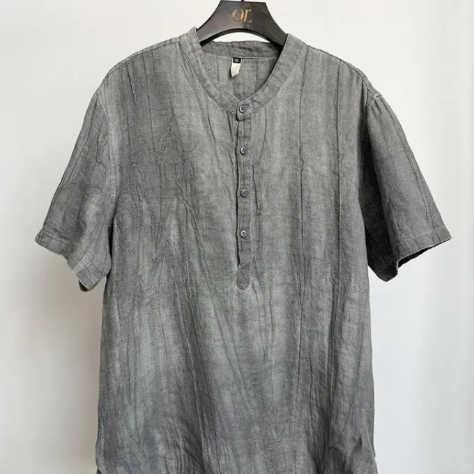 纯亚麻国风T恤宽松半袖休闲青年夏季薄款男士压皱短袖苎麻服复古