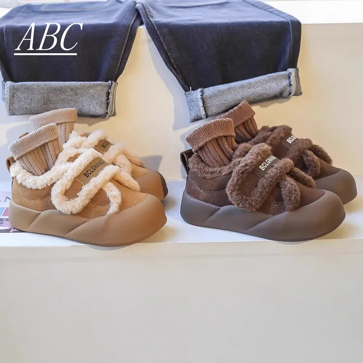ABC儿童加绒棉鞋2024冬季新款男童加厚毛毛鞋女童美拉德宝宝鞋子