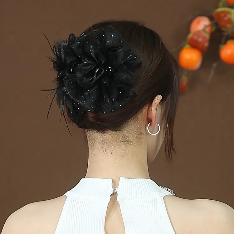 高级感带钻羽毛花朵抓夹女后脑勺盘发夹大号鲨鱼夹头发头饰发饰