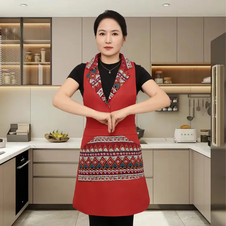 新款翻领民族风围裙防水厨房家用做饭防污餐饮服务员工作服
