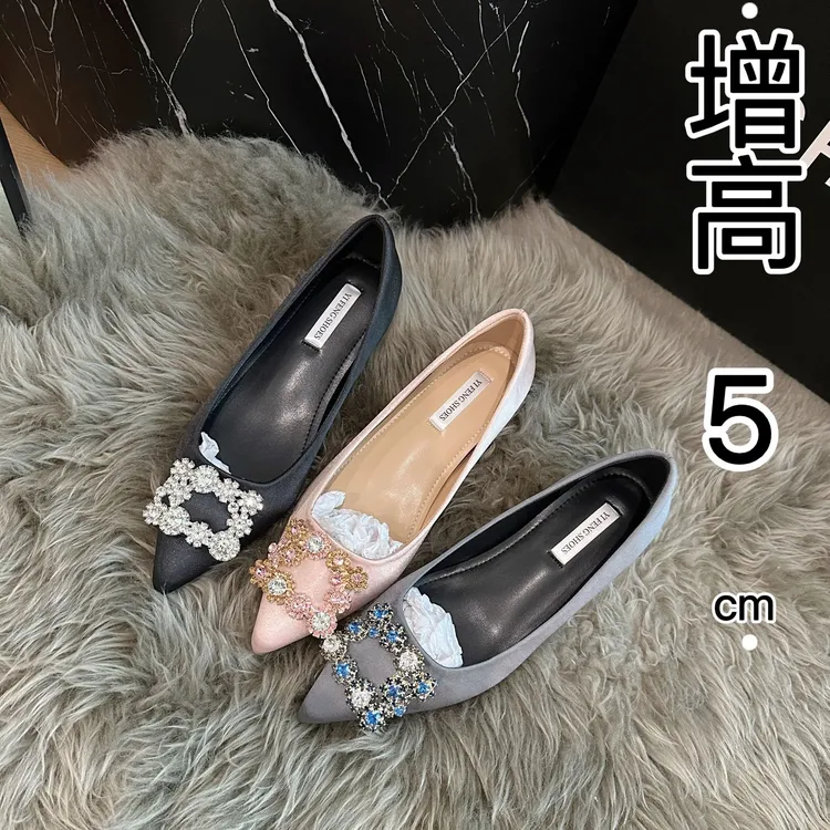 增高5cm气质水钻方扣尖头高跟鞋女2025秋季新款法式浅口单鞋婚鞋