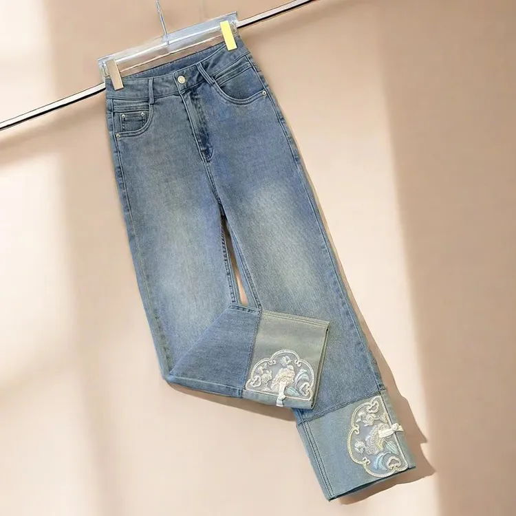 新中式国风刺绣直筒牛仔裤女2025春季新款大码胖mm高腰九分烟管裤