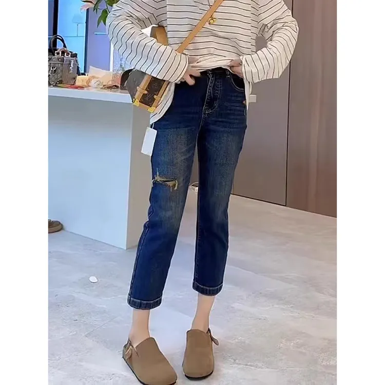 假破洞弹力牛仔裤女2025春季新款大码胖mm高腰显瘦直筒九分烟管裤