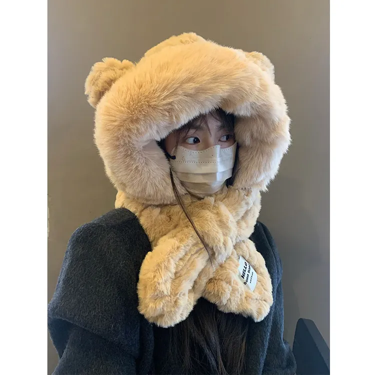 小熊耳朵帽子围脖一体二件套女保暖防风加绒加厚围脖