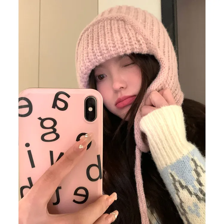 巴拉克拉法帽子女2023新款秋冬季毛线韩版护耳保暖百搭显脸小粉色