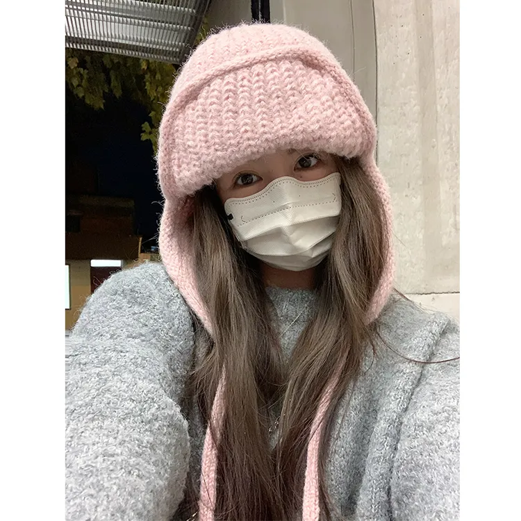 韩国ins风纯色保暖护耳针织帽子女秋冬毛线帽时尚加厚飞行雷锋帽