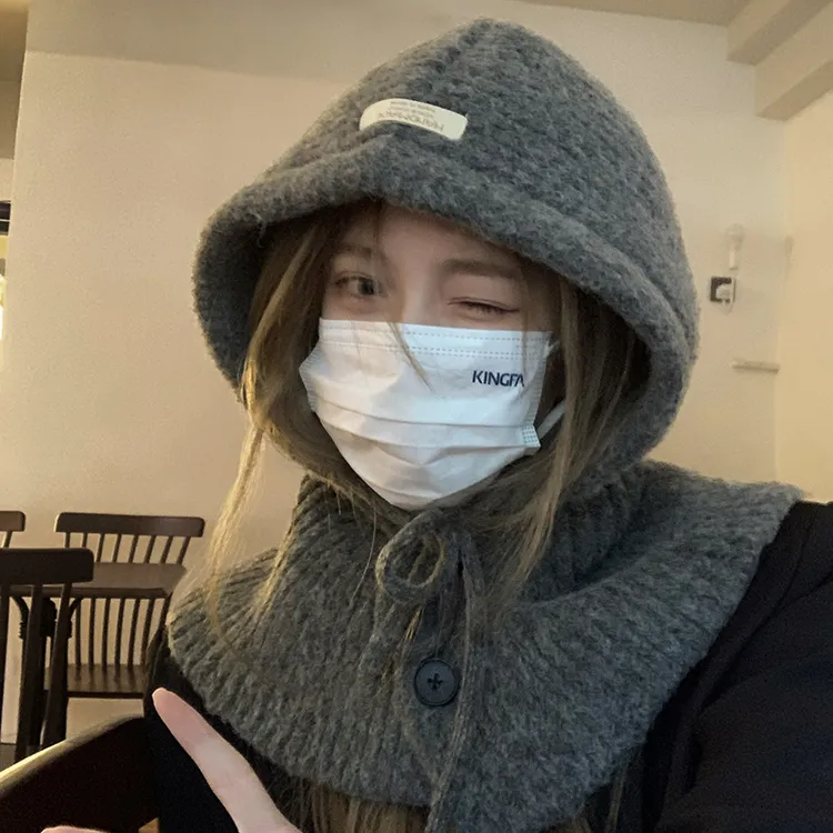 大头围巴拉克拉法帽子女秋冬新款针织连帽围脖一体保暖护耳毛线帽