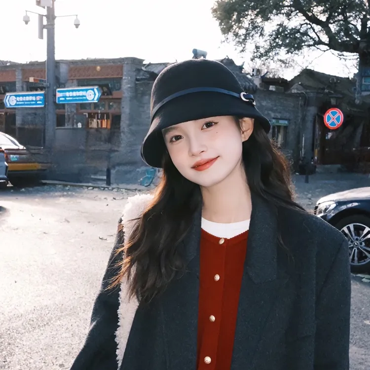 赫本风复古皮带扣羊毛呢帽子女秋冬款日系礼帽渔夫帽显脸小盆帽