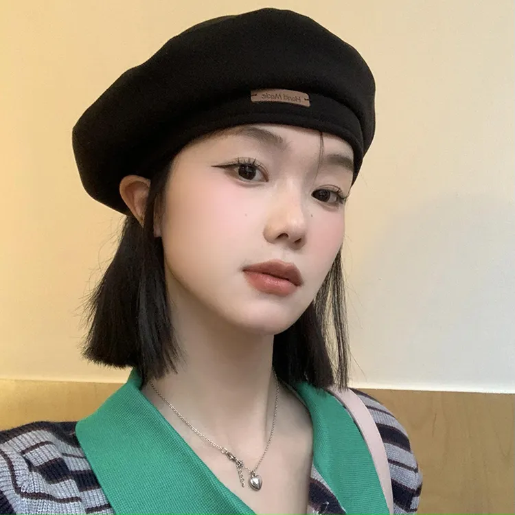 日系百搭黑色贝雷帽女秋冬季显脸小保暖毛呢蓓蕾画家帽大头围帽子
