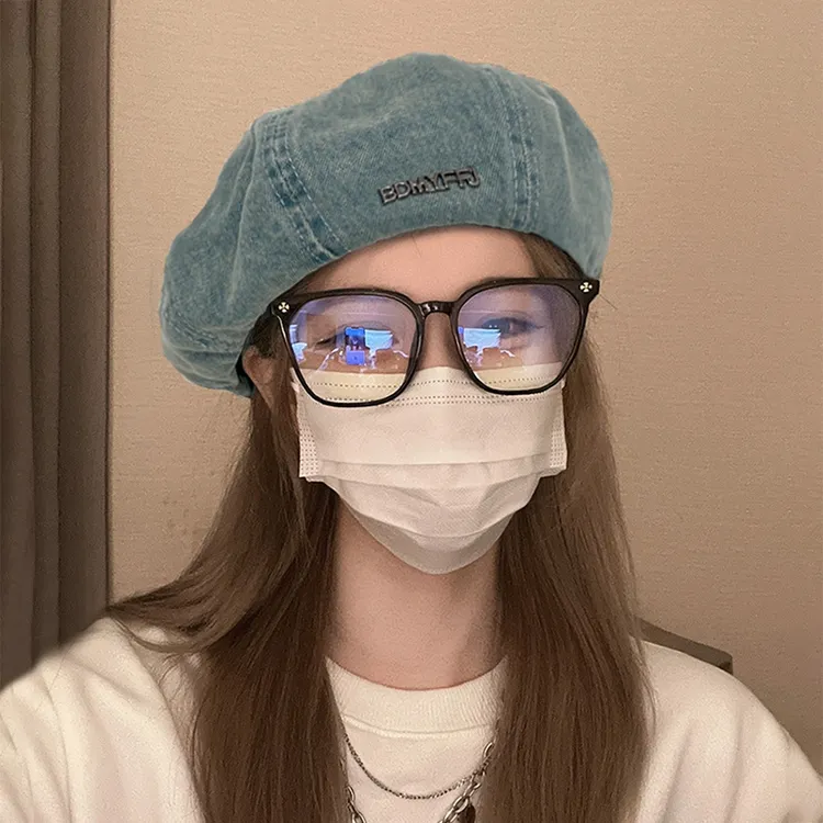 牛仔贝雷帽女春秋款日系八角帽2023新款云朵帽大头围蓓蕾画家帽子