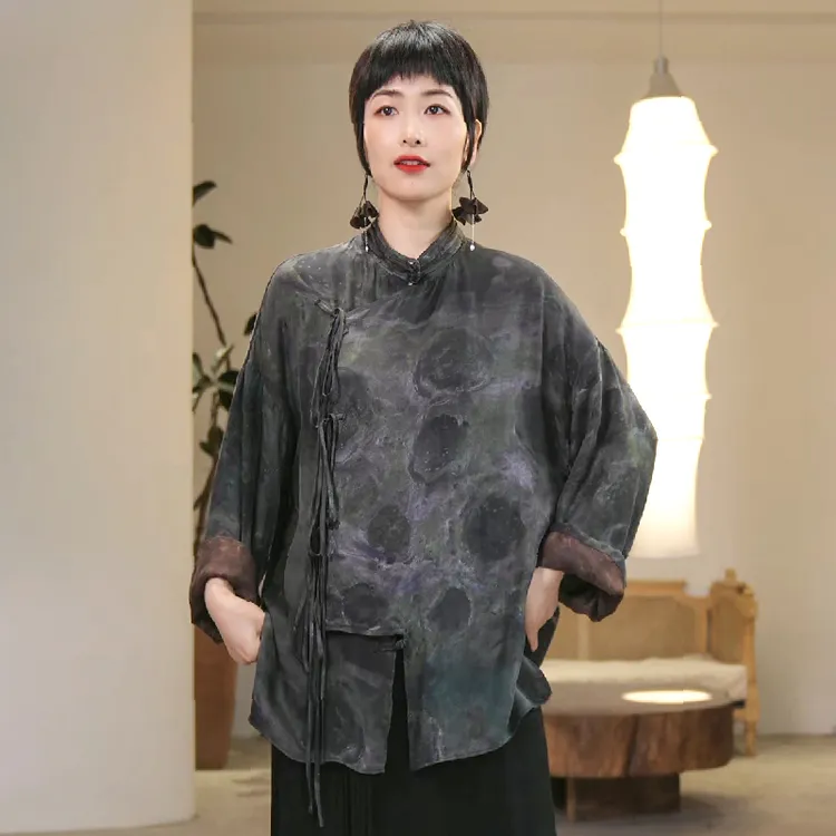 界内界外原创新中式国风复古文艺铜氨丝印花长袖宽松衬衫J41C242