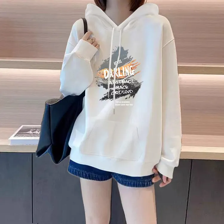 2025春秋美式白色连帽卫衣外套女新款加绒加厚宽松慵懒风百搭上衣