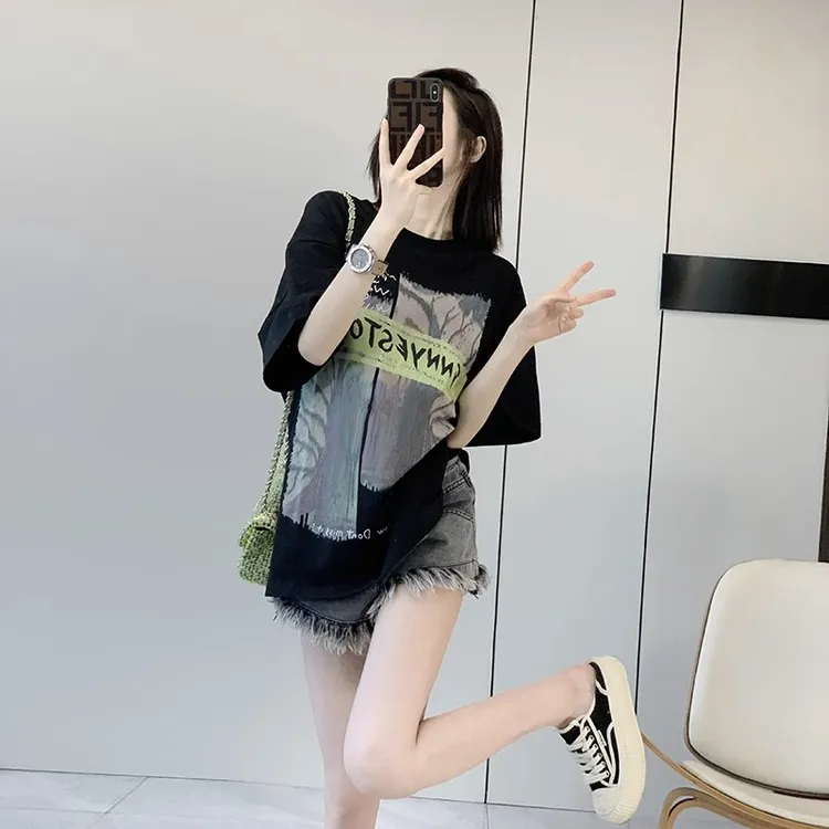 爆款宽松短袖t恤女2025新款纯棉欧货大版洋气潮牌小众百搭中长款 