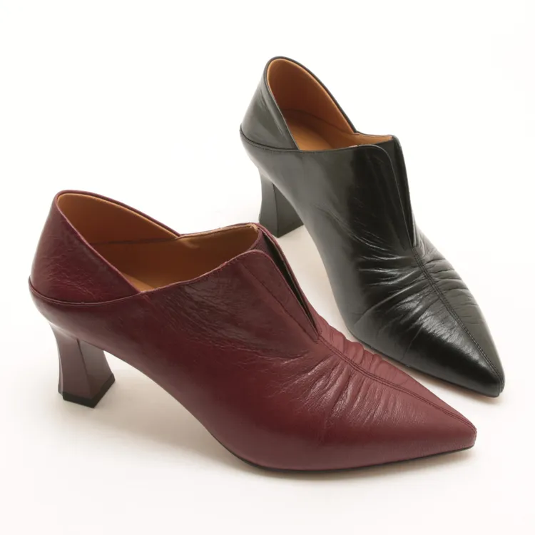 5431秋冬新款法式气质褶皱松紧一脚蹬裸靴女粗跟深口尖头两穿单鞋