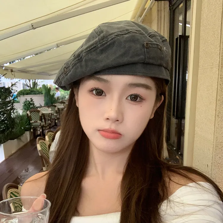 日系做旧水洗牛仔贝雷帽女秋季韩版ins时尚画家帽子显脸小大头围