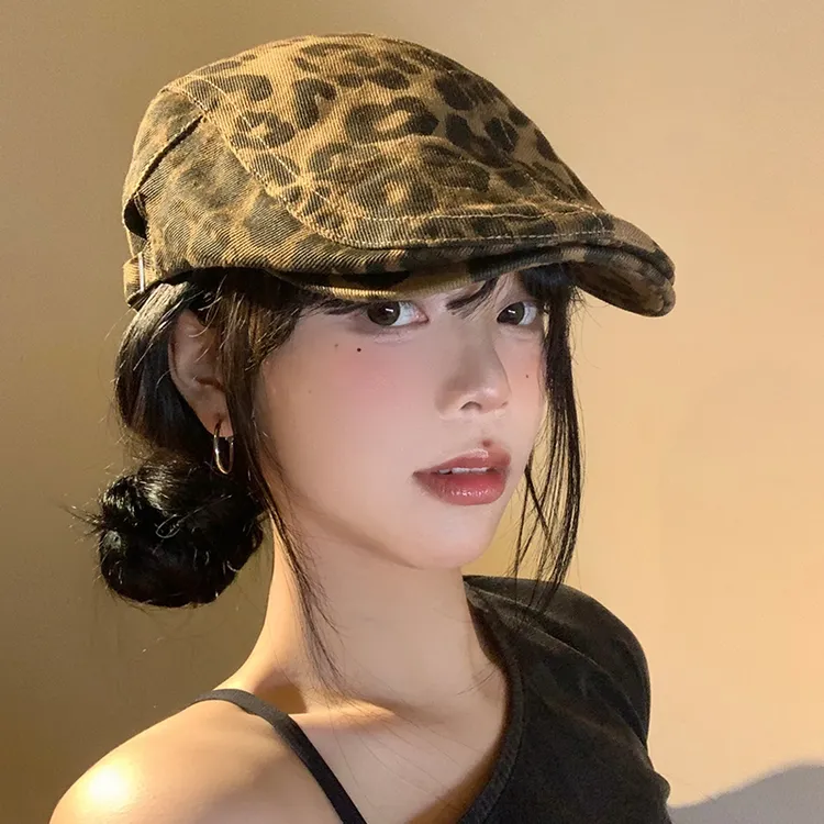 美式复古辣妹豹纹前进帽女秋小众y2k大头围贝雷帽百搭显脸小帽子