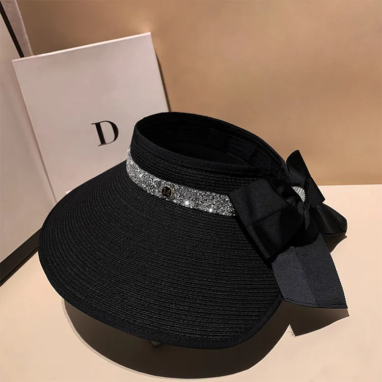 韩版闪钻蝴蝶结空顶帽防晒女夏季可折叠遮阳帽出游度假大檐太阳帽