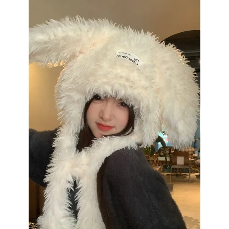 甜美可爱长毛兔子耳朵帽子毛绒帽女秋冬季加厚保暖防寒网红雷锋帽