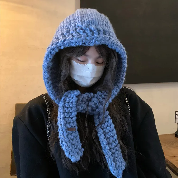 韩国新款手工粗棒针毛线帽女保暖含羊毛护耳巴拉克拉法帽潮显脸小