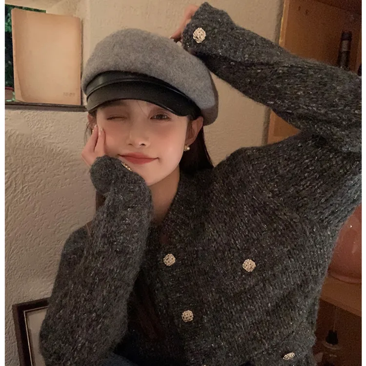 PU皮帽檐八角显脸小帽子女秋冬款羊毛呢鸭舌帽百搭报童帽复古气质